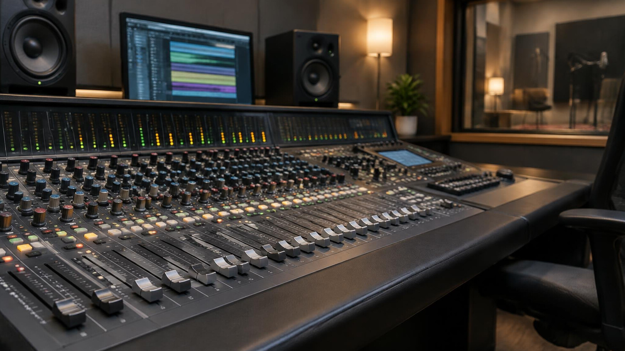 Audio mixing console in a control room
