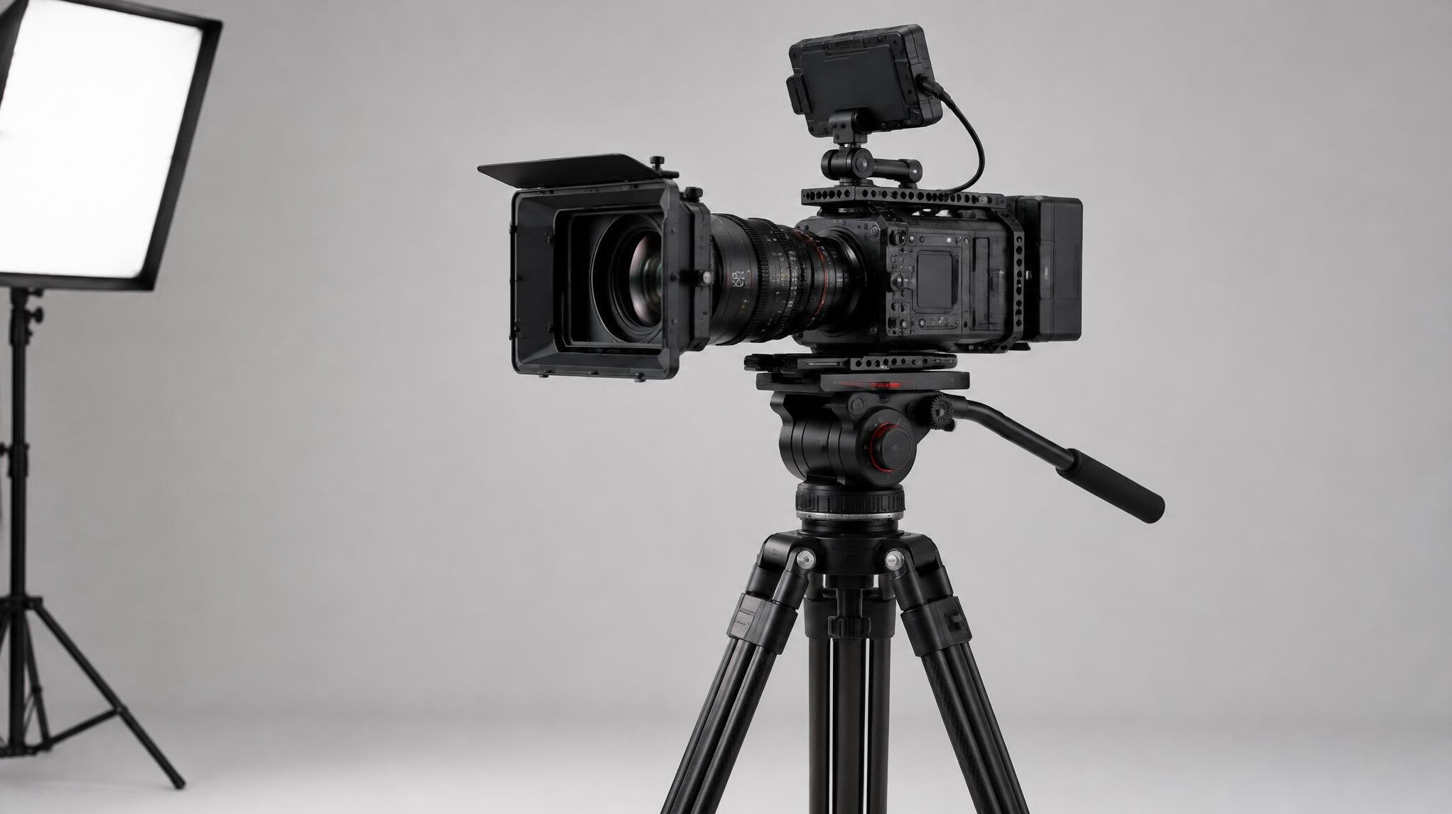 Camera on a tripod in a studio with lighting