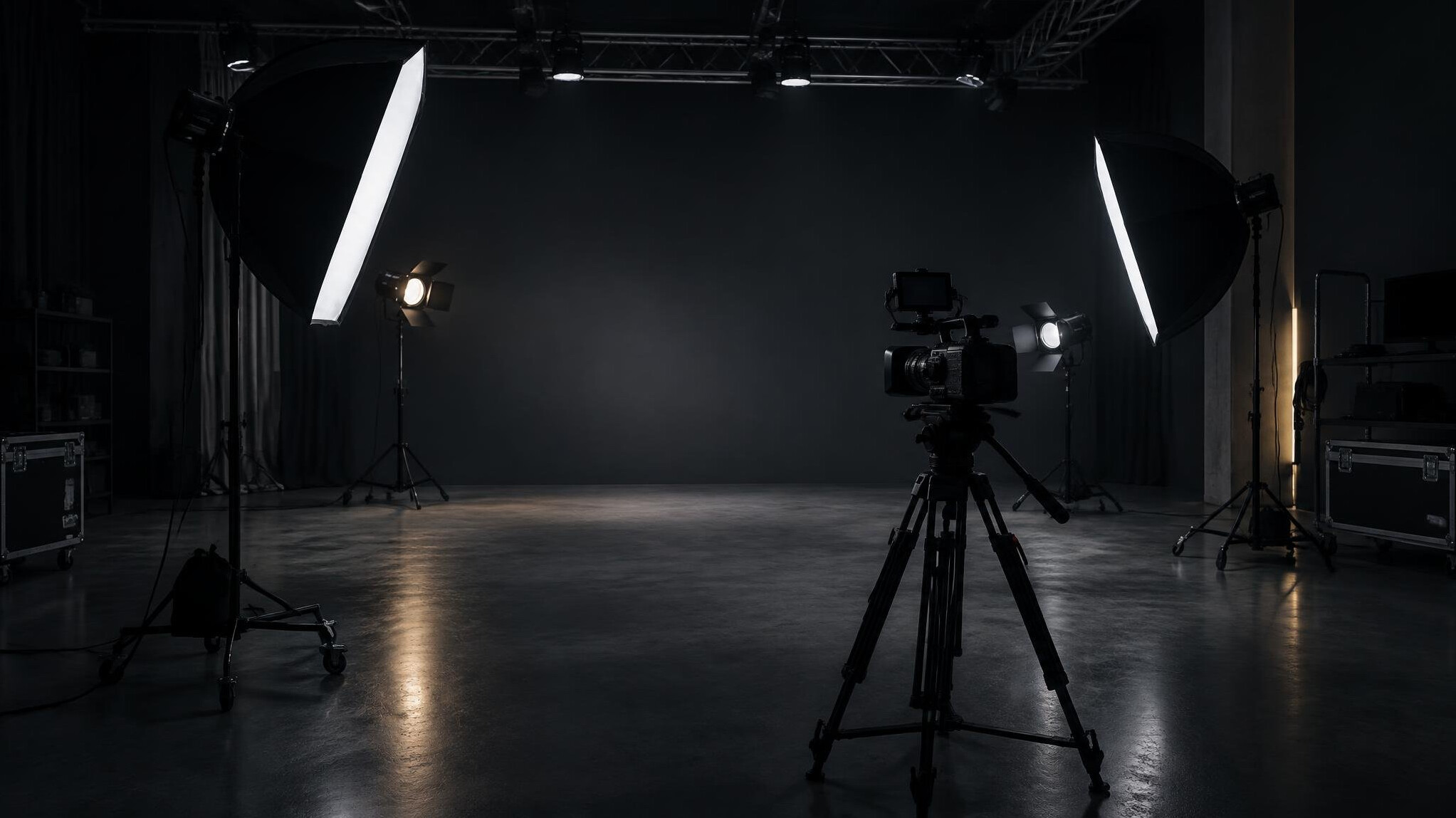 Dark video studio with professional lighting rigs